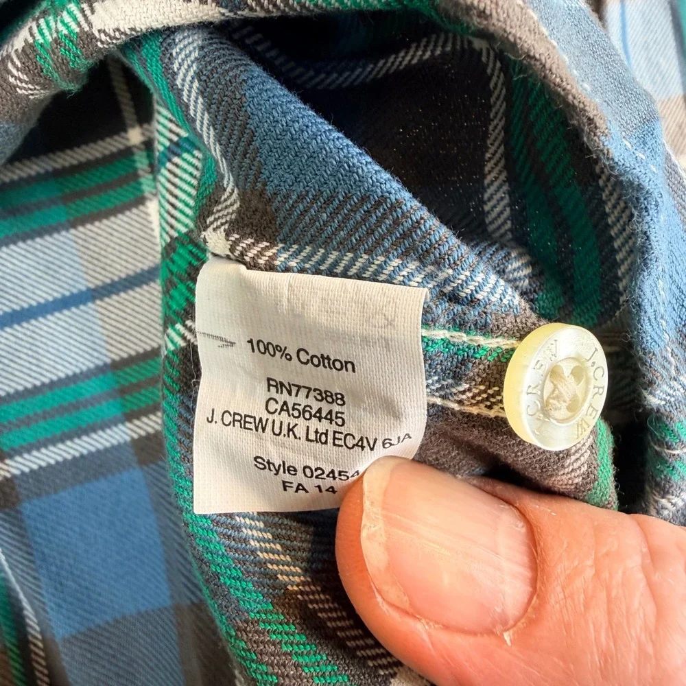 Vintage J Crew‎ Tailored Woven Shirts Blue Green Plaid Cotton Button Up Size L
